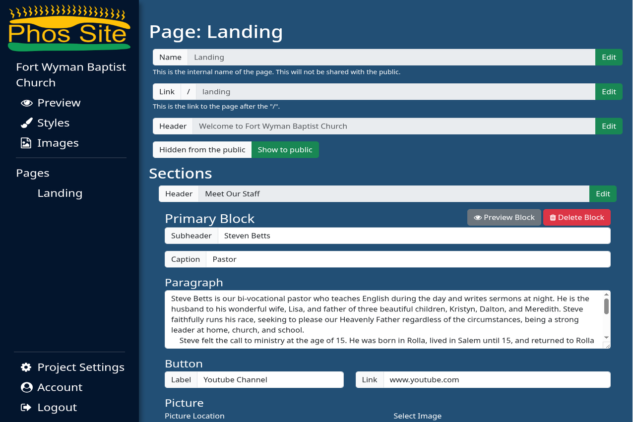 Phos Site's website builder tool in early alpha.